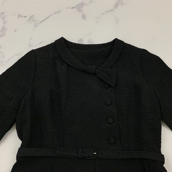 Caldwell Casuals Vintage 60s Dress Size S/M Black Bow Collar Fit Flare Belted - Picture 2 of 12